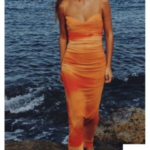 Viral printed tulle draped dress, orange tangerine